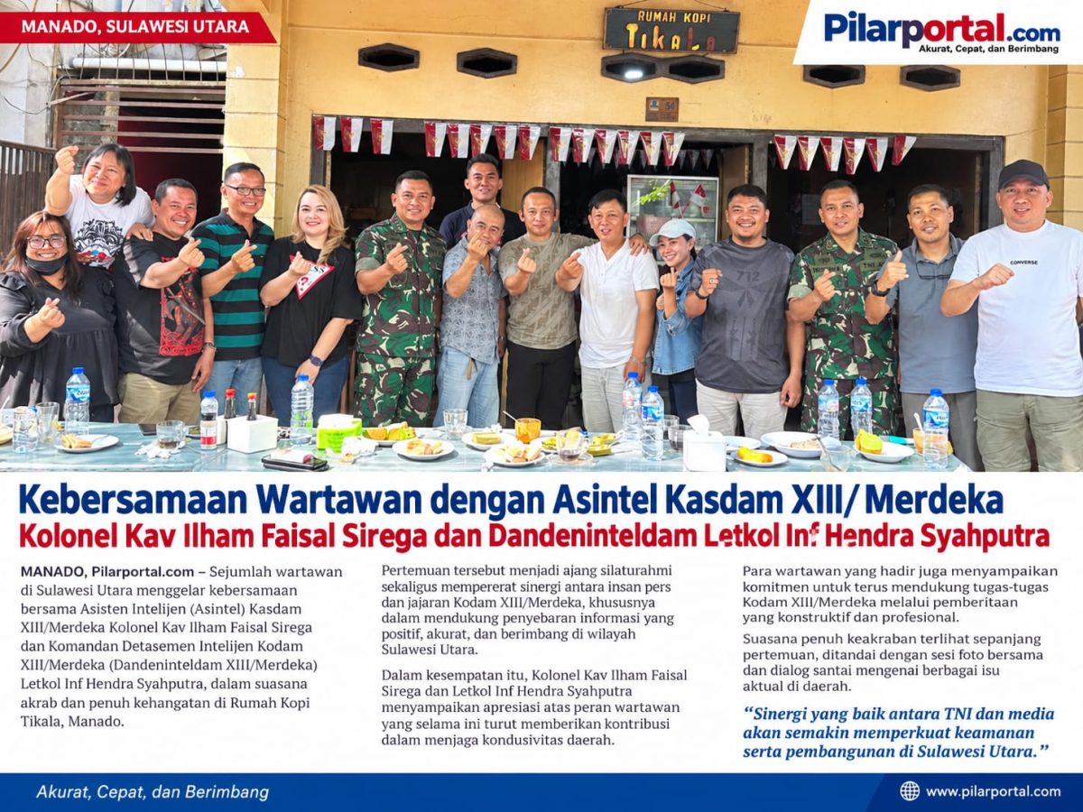 Suasana hangat dan penuh keakraban mewarnai pertemuan sejumlah wartawan bersama jajaran Intelijen Kodam XIII/Merdeka di Rumah Kopi Tikala, Manado, Sabtu (5/9/2026).