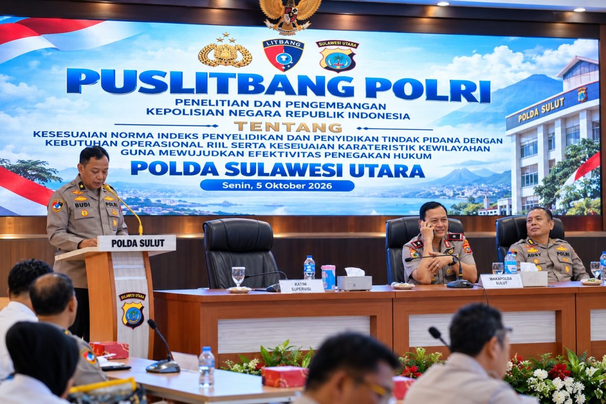 Wakil Kepala Kepolisian Daerah Sulawesi Utara (Wakapolda Sulut) Brigjen Pol Dr. Susetio Cahyadi, S.I.K., M.M., M.H., CFrA., CSA, membuka penelitian Pusat Penelitian dan Pengembangan (Puslitbang) Polri terkait kesesuaian norma indeks penyelidikan dan penyidikan dengan kebutuhan operasional di lapangan, Senin (5/10/2026).