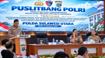 Wakil Kepala Kepolisian Daerah Sulawesi Utara (Wakapolda Sulut) Brigjen Pol Dr. Susetio Cahyadi, S.I.K., M.M., M.H., CFrA., CSA, membuka penelitian Pusat Penelitian dan Pengembangan (Puslitbang) Polri terkait kesesuaian norma indeks penyelidikan dan penyidikan dengan kebutuhan operasional di lapangan, Senin (5/10/2026).