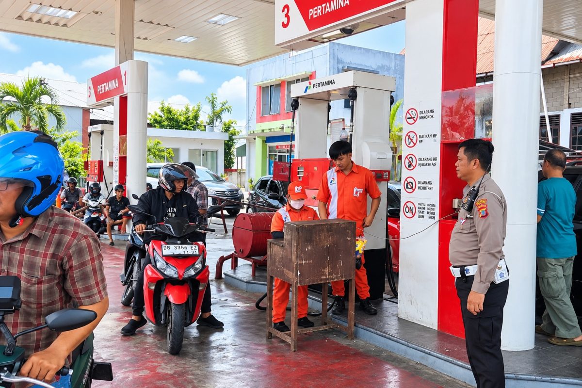 Personel Polri turun langsung melakukan pemantauan dan pengamanan untuk menjaga ketertiban pengisian bahan bakar minyak (BBM), Jumat (16/10/2026).