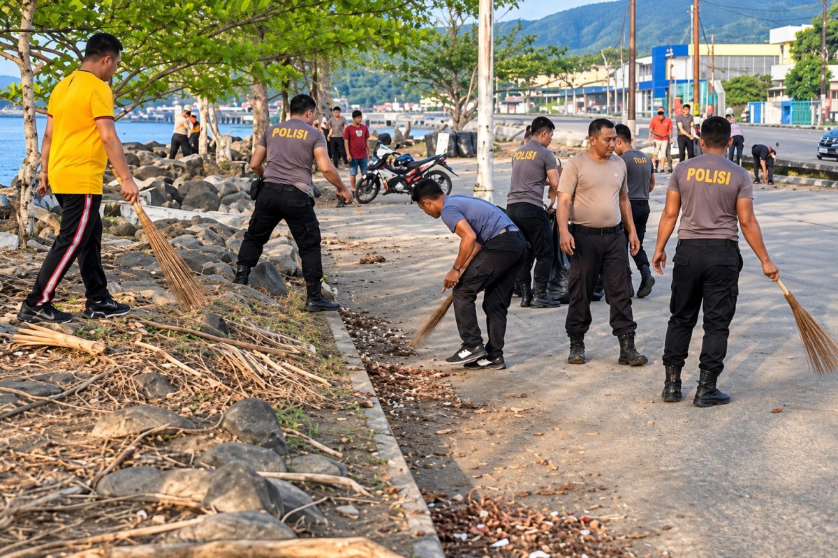 Polres Kepulauan Sangihe melalui program Polisi Peduli Lingkungan di Pelabuhan Tua Tahuna, Kelurahan Sawang Bendar, Kecamatan Tahuna, Jumat (23/10/2026) pagi.